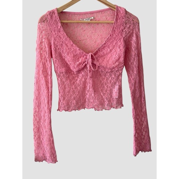 Urban Outfitters Kimchi Blue Daphne Lace Cropped Top Pink Sheer Women’s Small - Picture 3 of 8